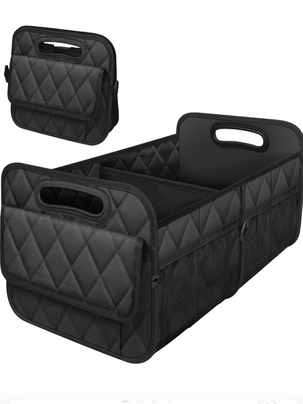 Black Quilted Car Trunk Organizer with Foldable Handles